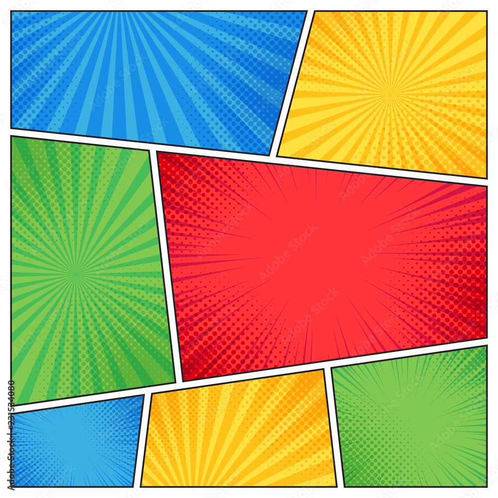 Fototapeta premium Comic page frame. Funny superhero comics book empty pages with radial lines or stripes background vector template