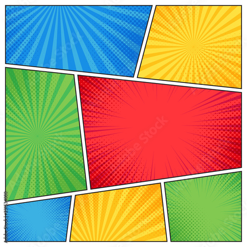Comic page frame. Funny superhero comics book empty pages with radial lines or stripes background vector template