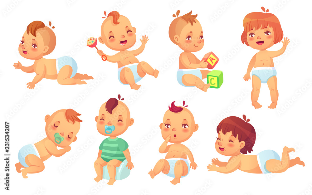 Cute baby. Happy cartoon babies, smiling and laughing toddler isolated vector character set Cute baby. Happy cartoon babies, smiling and laughing toddler isolated vector character set