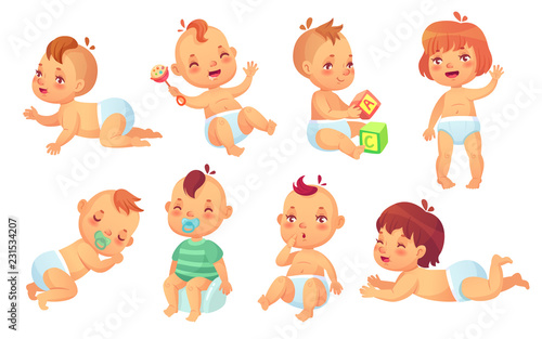 Cute baby. Happy cartoon babies, smiling and laughing toddler isolated vector character set