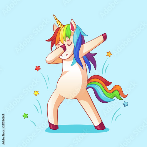 Dabbing unicorn. Dab dancing meme pose, dreamy horse in cool glasses. Memes dance cartoon vector illustration