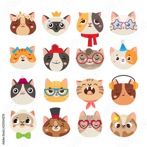 Fototapeta Naklejka Na Ścianę i Meble -  Cute cats heads. Cat muzzle, domestic kitty face wearing hat, scarf and color party glasses isolated cartoon vector set