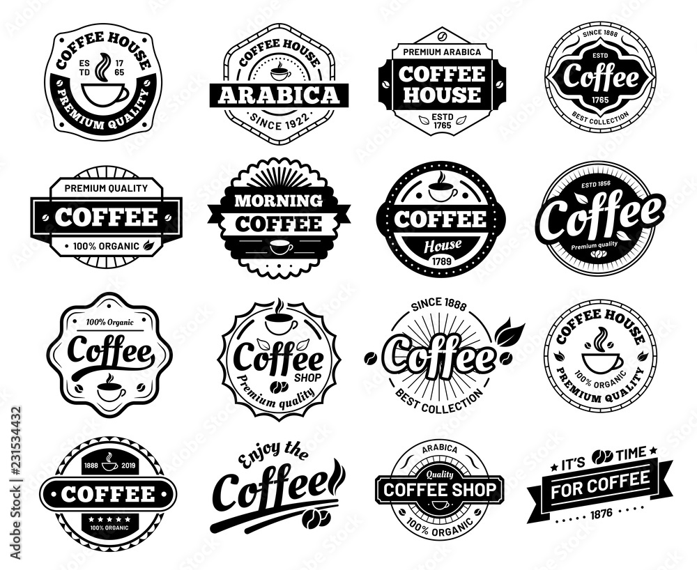 Coffee badges. Cafe logo stamp sticker. Restaurant logotype