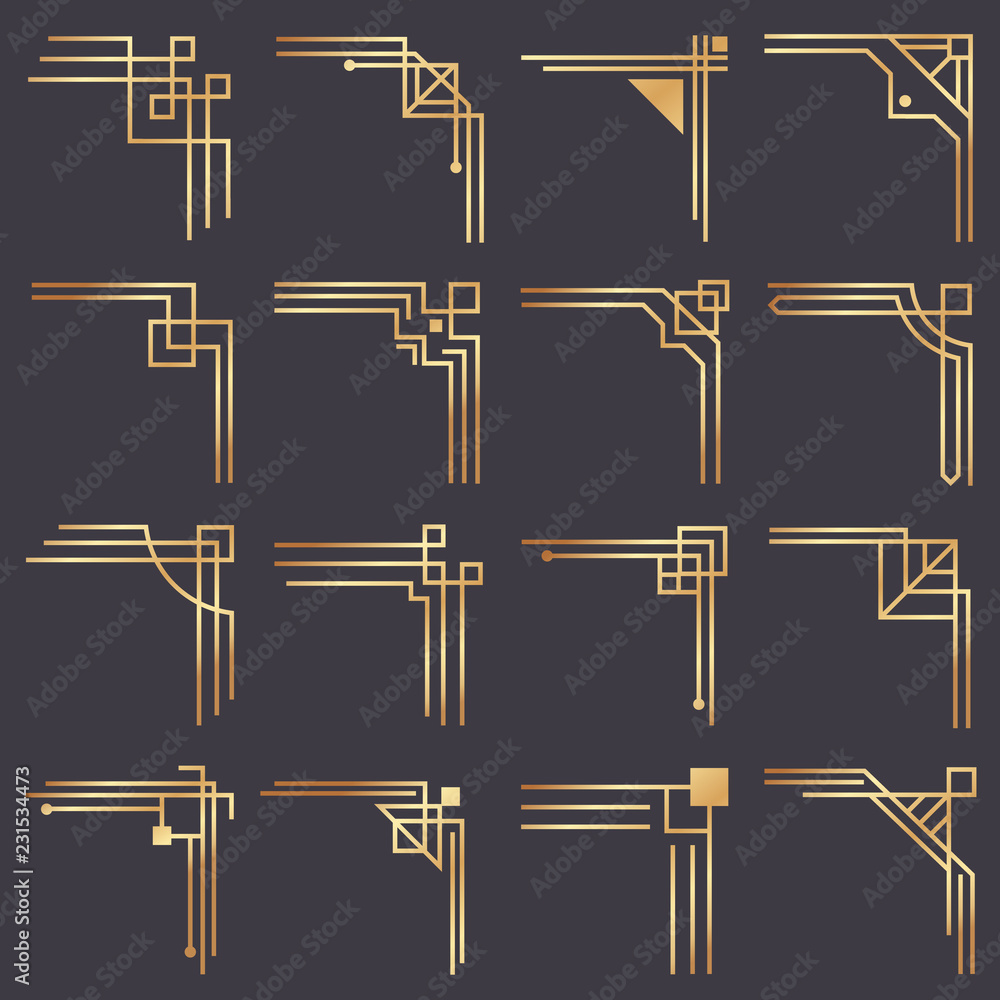 Art deco corner. Modern graphic corners for vintage gold pattern border. Golden 1920s fashion decorative lines frame vector set - obrazy, fototapety, plakaty 