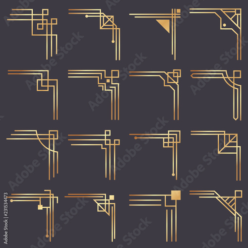 Art deco corner. Modern graphic corners for vintage gold pattern border. Golden 1920s fashion decorative lines frame vector set