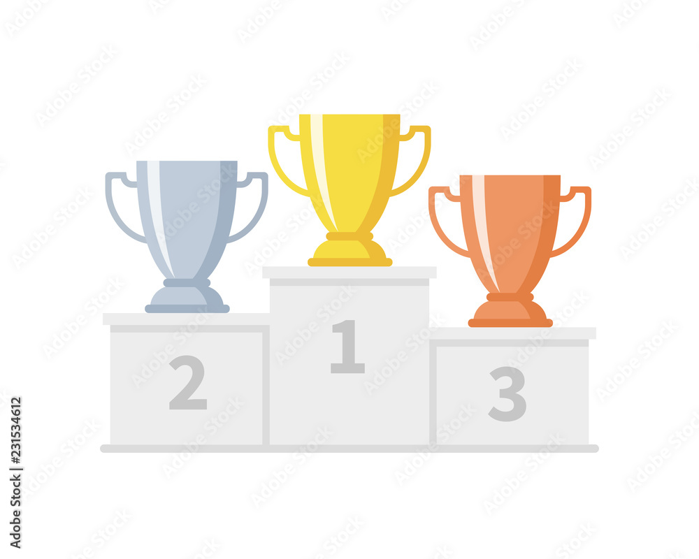 Winner podium with trophy cups. Gold, silver and bronze goblets on sports pedestal. Competition and goal achievement vector business concept - obrazy, fototapety, plakaty 
