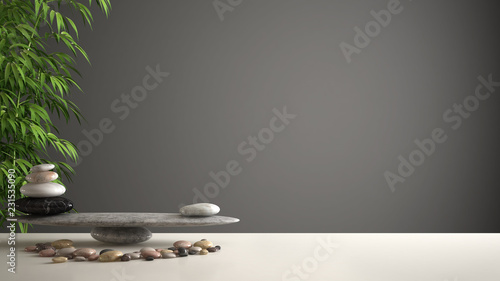 Photo Empty interior design feng shui concept zen idea, white table or shelf with pebb