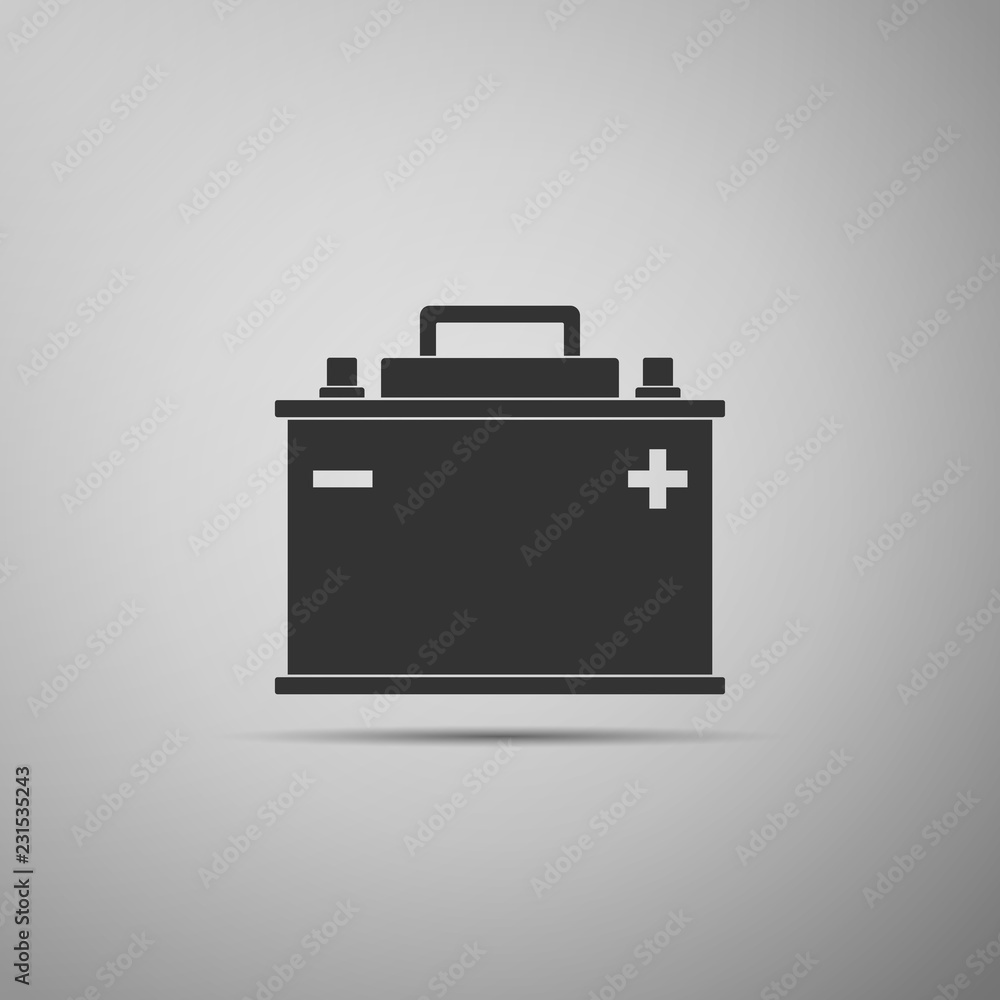Car battery icon isolated on grey background. Accumulator battery energy power and electricity accumulator battery. Flat design. Vector Illustration Car battery icon isolated on grey background. Accumulator battery energy power and electricity accumulator battery. Flat design. Vector Illustration