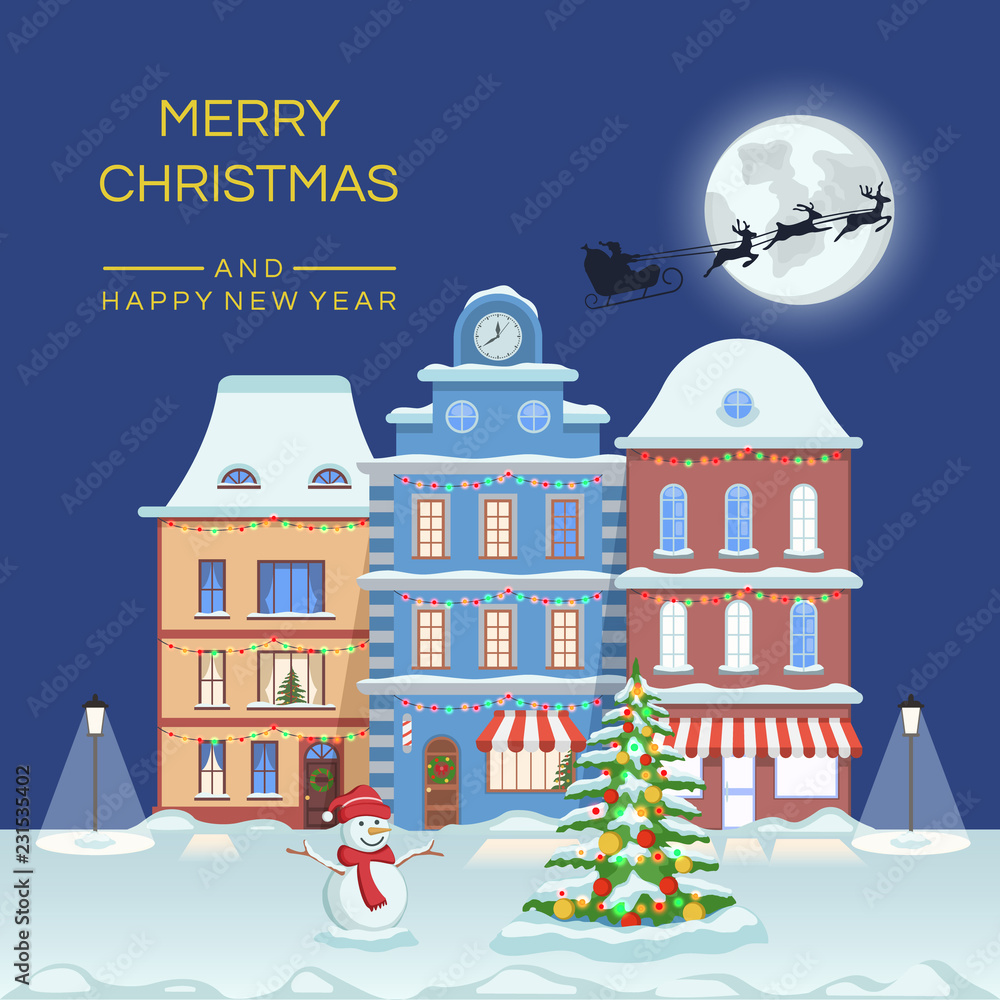 Fototapeta Happy New year and merry Christmas, winter night town street with christmas fir tree and snowman. Vector illustration concept for greeting and postal card, invitation. File eps10.