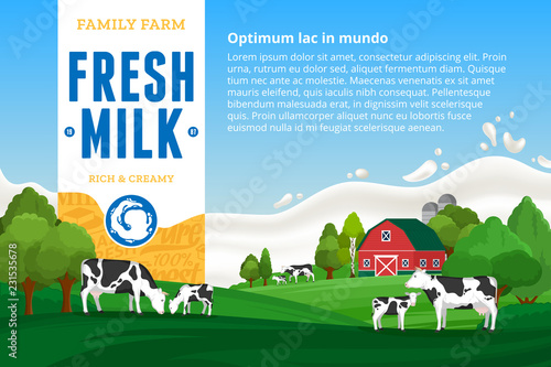 Milk illustration. Rural landscape. Cows and calves