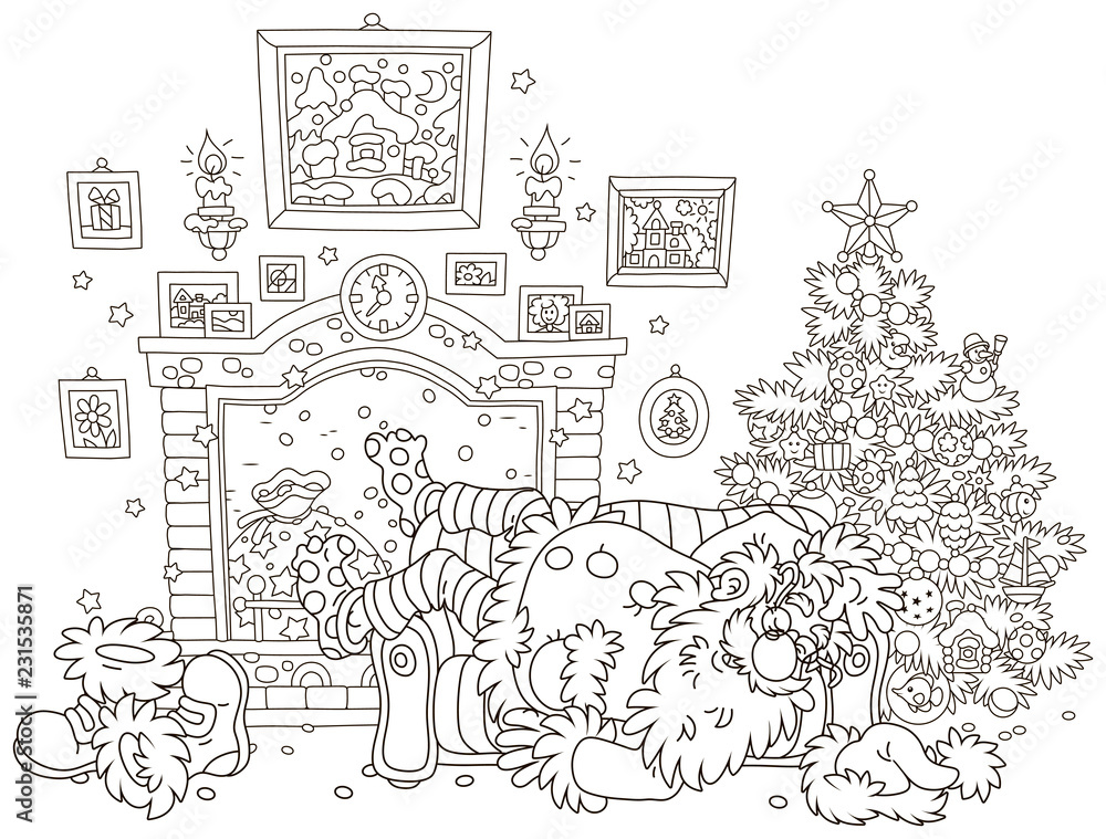 The night before Christmas. Santa Claus sleeping after hard work on a couch near a decorated fir tree and a fireplace, black and white vector illustration in a cartoon style for a coloring book