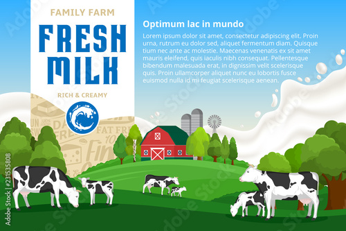 Milk illustration. Rural landscape. Cows and calves