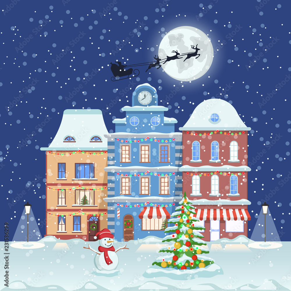 Fototapeta Happy New year and merry Christmas, winter night town street with christmas fir tree and snowman. Vector illustration concept for greeting and postal card, invitation. File eps10.