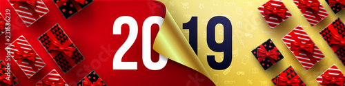 Happy New Year Promotion Poster or banner with open gift wrap paper and gift box.Change or open to new year 2019 concept.Promotion and shopping template for New Year.Vector illustration EPS10