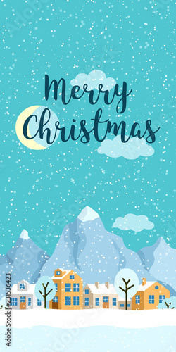 Christmas winter vertical landscape with small houses. Snowy evening village with mountains. Vector illustration for smartphones