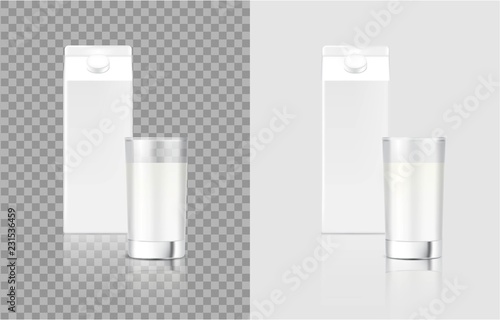 3D Mock up Realistic Milk Carton Pack Box and Glass for food and Drink product packaging isolated Background.