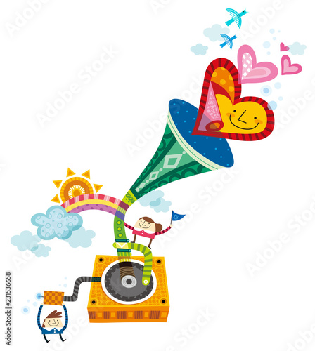 Close-up of children standing by gramophone