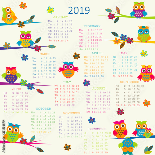 2019 Calendar with cartoon owls