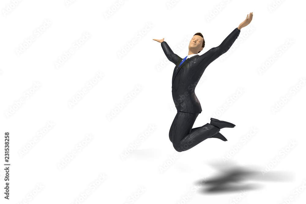 toy miniature businessman with blue tie figurine is jumping for joy and happiness, concept isolated with shadow on white background