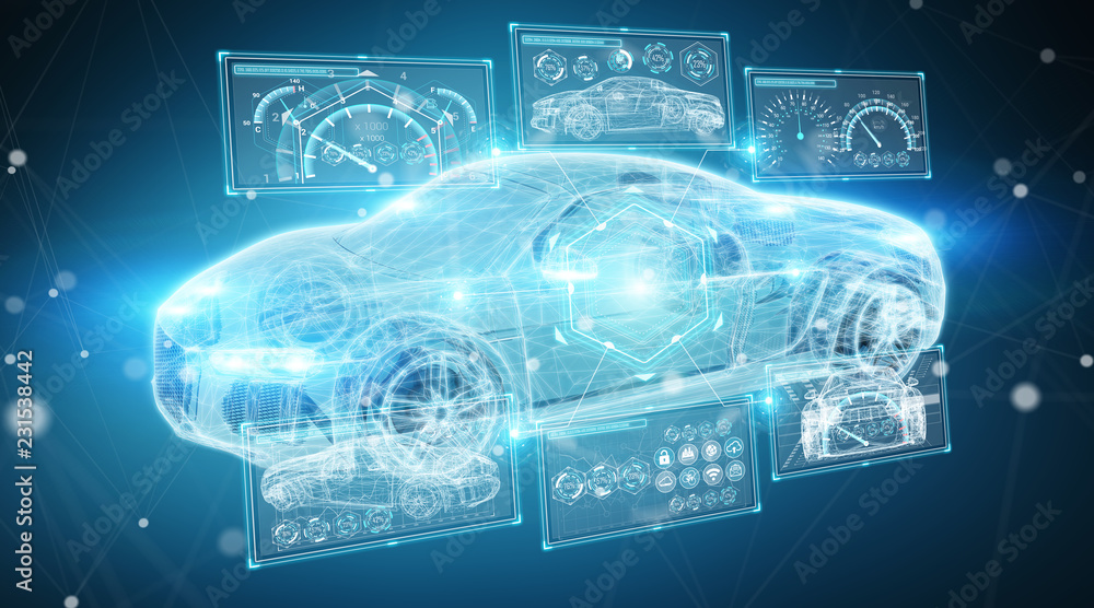 Modern digital smart car interface 3D rendering - obrazy, fototapety, plakaty 