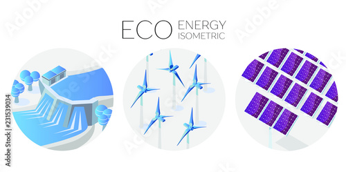 Alternative energy concept vector flat illustration. solar panel, wind turbines and hydroelectric power station. Isometric 3d