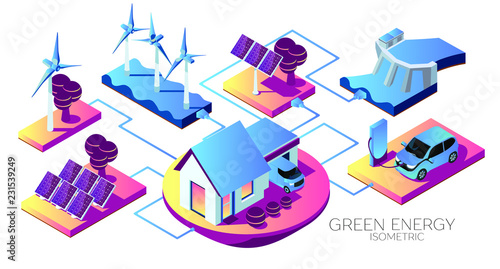 Alternative energy concept vector flat illustration. Isometric car and city house connected to solar panel, wind turbines and hydroelectric power station, Car charge station. Isometric 3d
