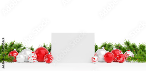 Blank Christmas card laying on red baubles isolated 3D rendering