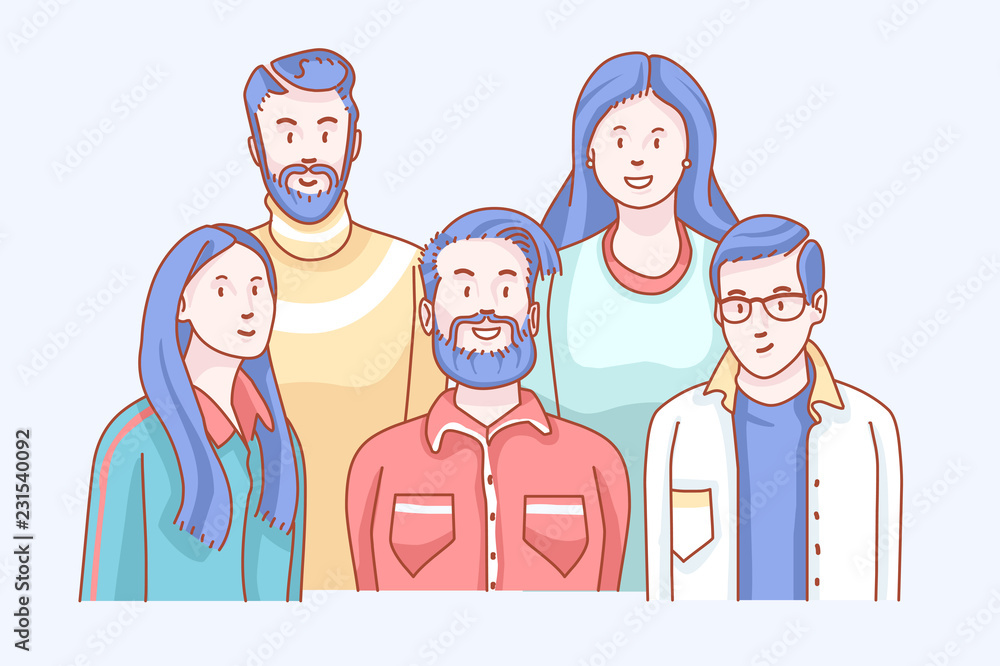 Friends. Soft front doodle, relationship sketch of behaviors. Smiling shot, looking and feeling like a group of gathering men. Concept with characters soft tone mono clip art hand drawn vector design. Friends. Soft front doodle, relationship sketch of behaviors. Smiling shot, looking and feeling like a group of gathering men. Concept with characters soft tone mono clip art hand drawn vector design.