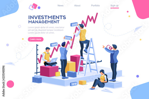Alternative progress, building ad, investment management for company. Joint markets and move up deal. Bank career growth for success. Flat ambition concept with character isometric vector illustration