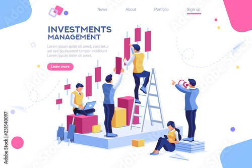 Alternative progress, building ad, investment management for company. Joint markets and move up deal. Bank career growth for success. Flat ambition concept with character isometric vector illustration