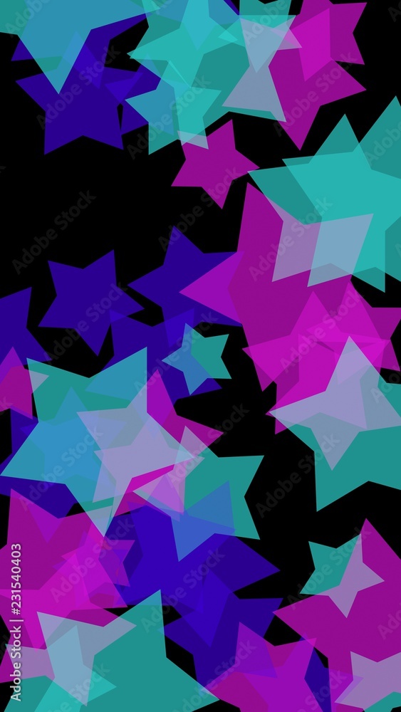 Obraz premium Multicolored translucent stars on a dark background. Vertical image orientation. 3D illustration