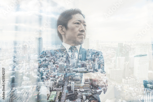 Photography Double exposure with business man and tokyo view