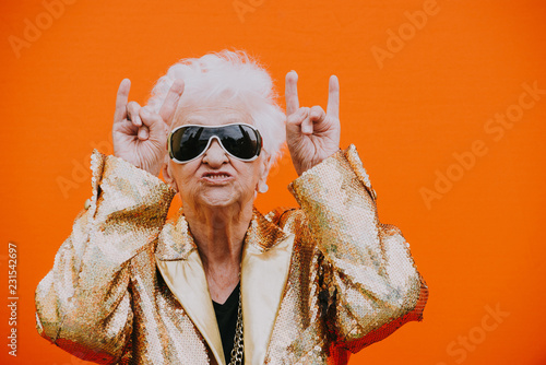 Grandmother portraits on colored backgrounds photo