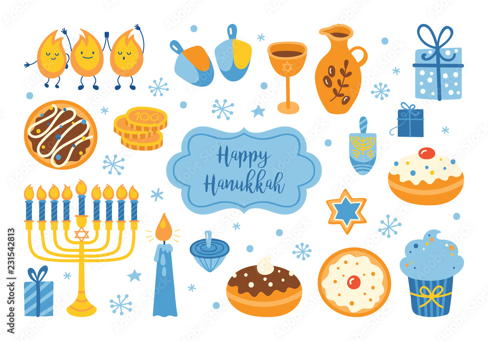 Jewish holiday Hanukkah element set for graphic and web design. Vector illustration