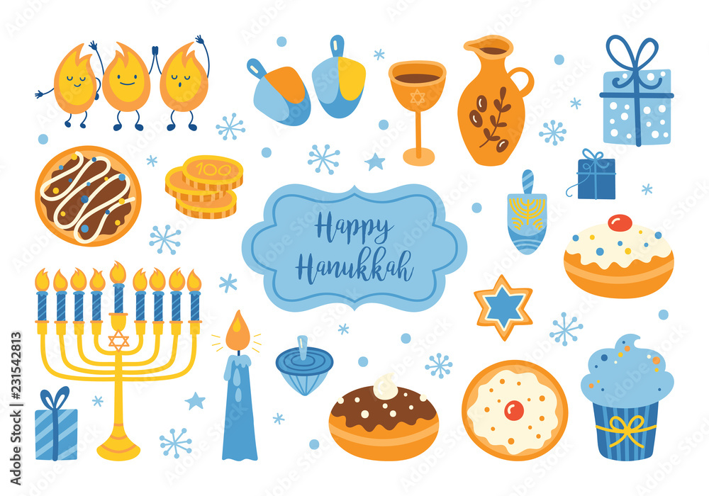 Naklejka premium Jewish holiday Hanukkah element set for graphic and web design. Vector illustration