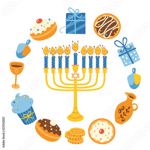 Jewish holiday Hanukkah greeting card design. Vector illustration