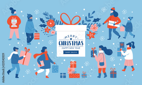 Christmas sale concept. People dressed in winter clothes shopping for Christmas holiday.