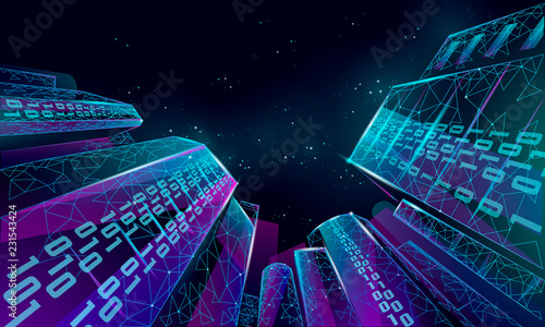 Low poly smart city 3D wire mesh. Intelligent building automation system business concept. Binary code number data flow. Architecture urban cityscape technology sketch banner vector illustration
