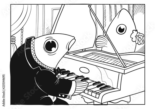 A fish character playing the piano and another fish character ready to sing in a concert hall. Vector illustration