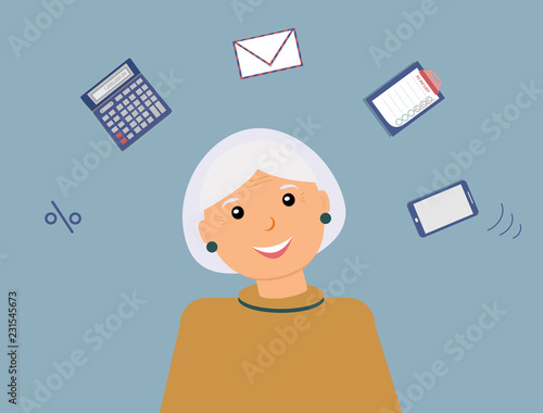 Very busy kind beautiful smiling elderly woman accountant with many thoughts about work. There is a calculator, interest, envelope, mobile phone and to do list. Vector illustration