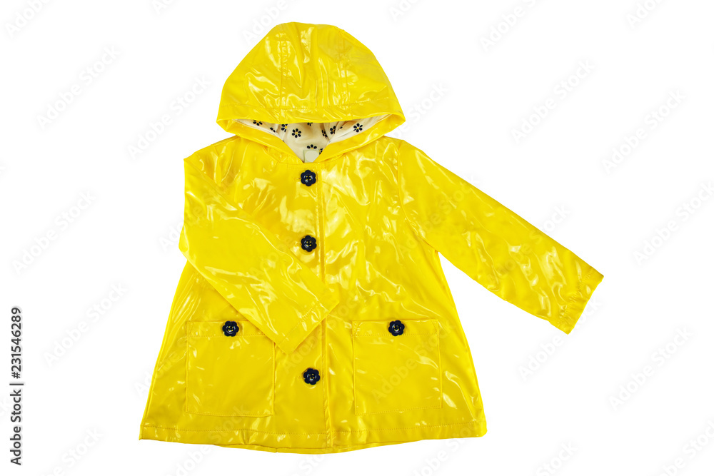 Rain jacket. Girls elegant yellow rain jacket isolated on a white  background. Fashion for rain season. Stock Photo | Adobe Stock