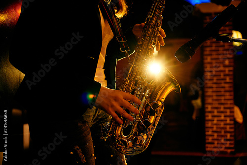Canvas Print hands of a girl dressed in jeans holding a saxophone near the microphone, playin