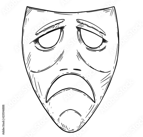 Vector artistic pen and ink drawing illustration of sad comedy mask.