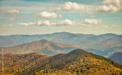 The fantastic view from Brasstown Bald mountain ( the highest mountain in Georgia) colorful in Fall season with white fluffy clouds and blue sky, North Georgia in USA. photo