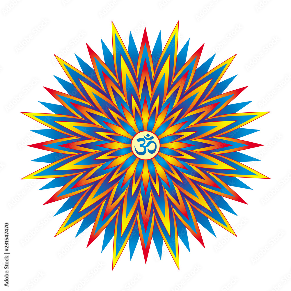 Geometric colorful mandala star with Aum / Ohm / Om sign in the center. Circular ornament. Vector picture. Geometric colorful mandala star with Aum / Ohm / Om sign in the center. Circular ornament. Vector picture.