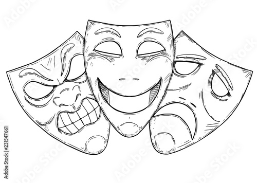 Vector artistic pen and ink drawing illustration of angry, happy and sad comedy mask.