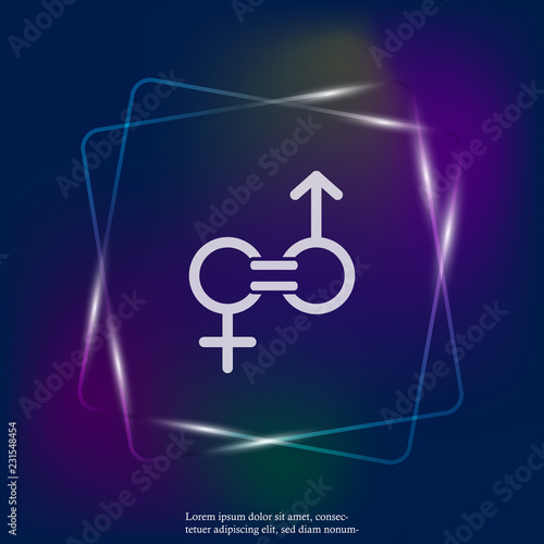 Gender equality vector neon light icon. Sign of a man and woman are equal. Layers grouped for easy editing illustration. For your design.
