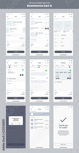 Wireframe kit for mobile phone. Mobile App UI, UX design. New ecommerce: store, cart, order, checkout, payment method, delivery method and success screens.