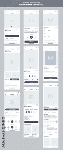 Wireframe kit for mobile phone. Mobile App UI, UX design. New ecommerce: store, products, category, details, new, price and add to cart screens.