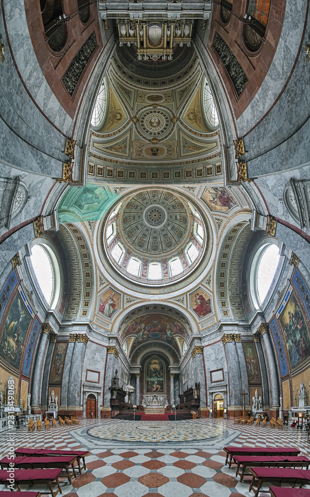 Vertical panorama of the interior of Esztergom Basilica. The Primatial Basilica of the Blessed Virgin Mary Assumed Into Heaven and St Adalbert is the biggest building in Hungary.